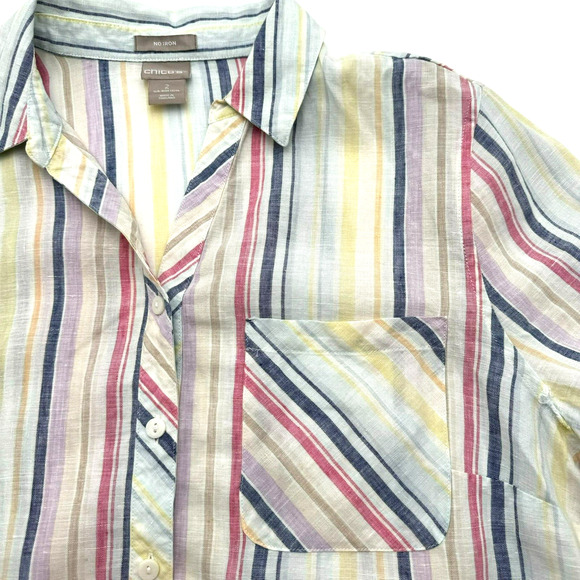 CHICO'S Womens 2 Large Pastel Rainbow Stripe Shirt 100% Linen No Iron 3/4 Sleeve - Picture 1 of 9